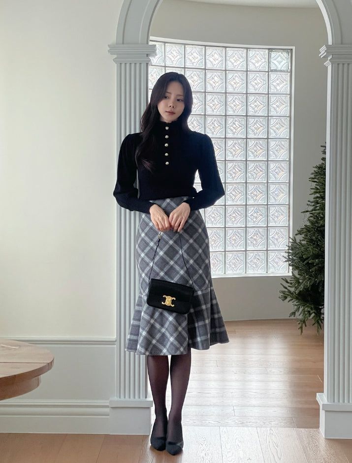Kellin Wool Check Mermaid Midi Skirt