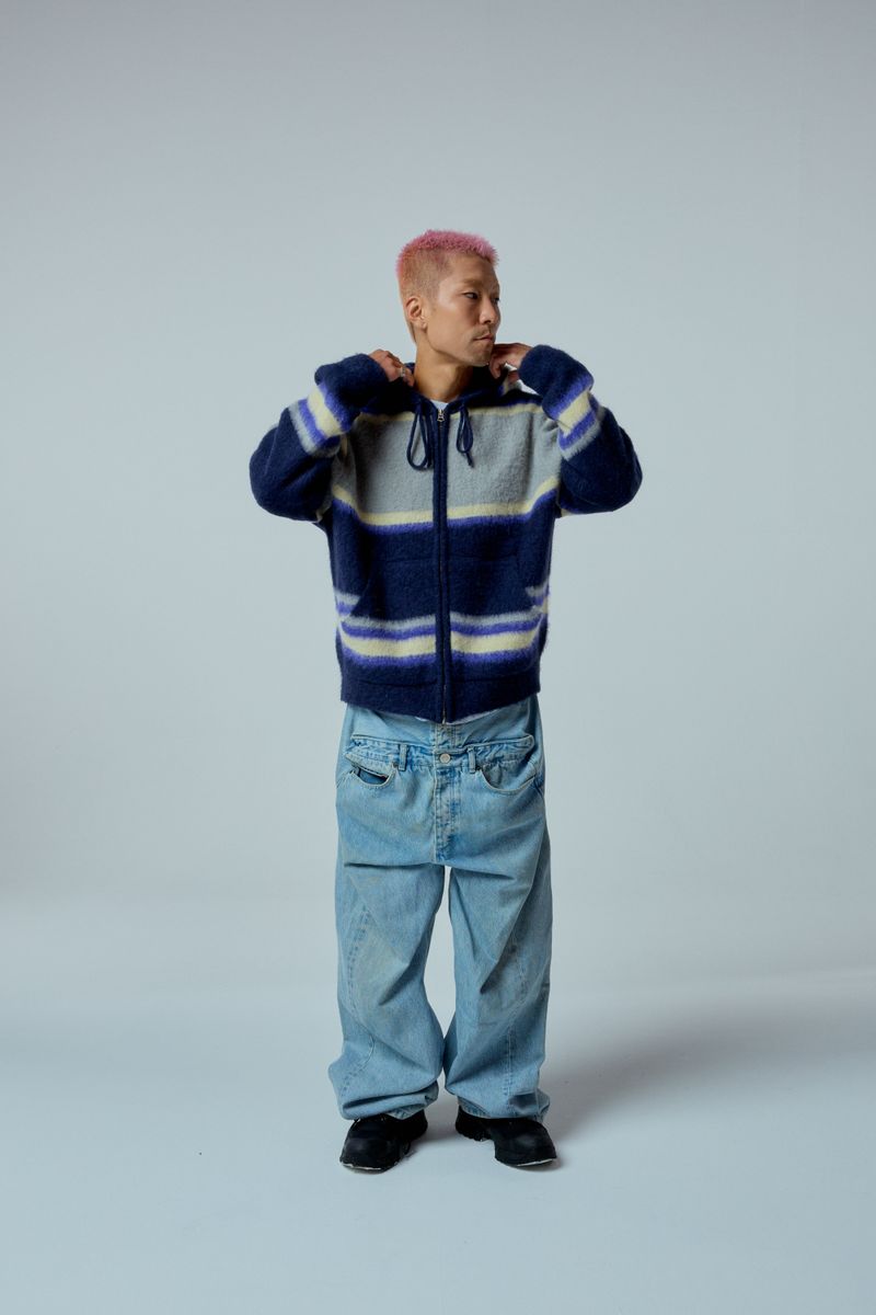 EEERRR Stripe brushed wool knit hoodie zip-up (Navy)