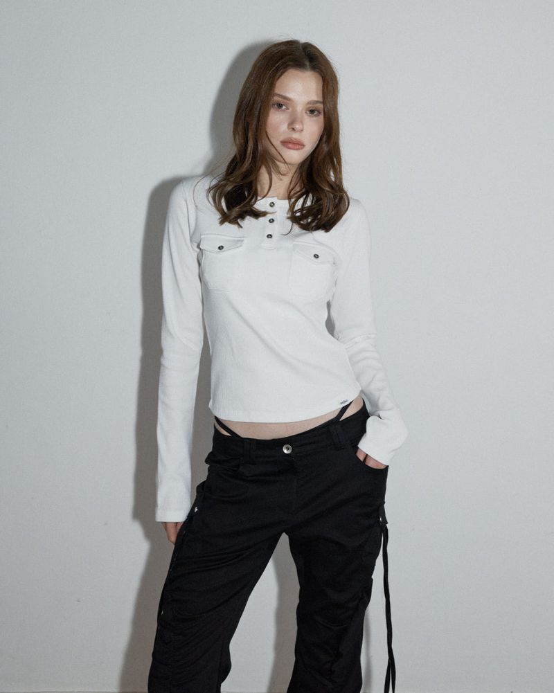 Pocket Henley Neck Ribbed Long Sleeve White