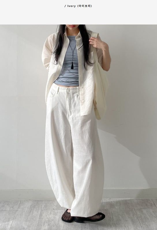 Linen Cinch Back Balloon Fit Wide Pants