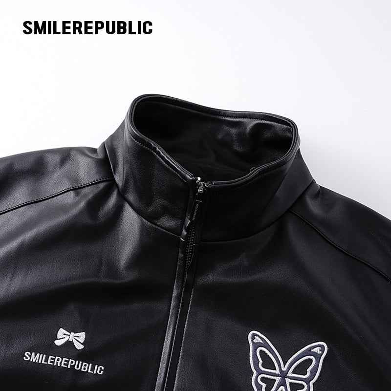 Black Navy and White PU Coated Faux Leather Color Block Butterfly Graphic Stand Collar Zip Jacket
