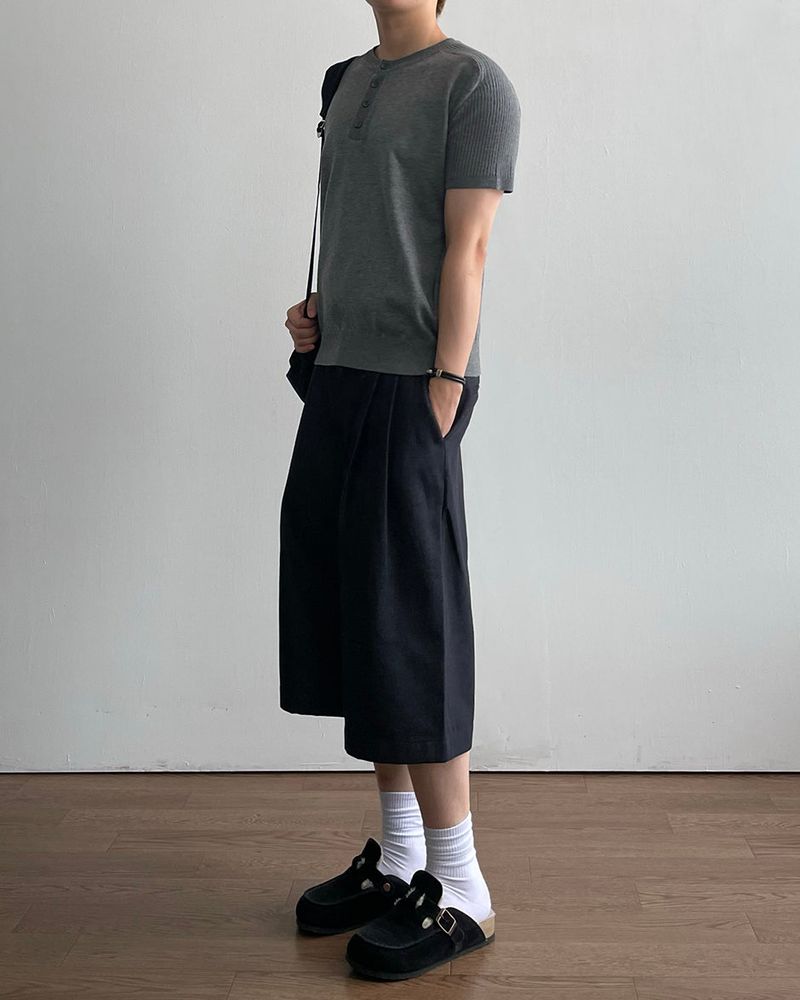 Needle Henley Neck Short Sleeve Knit