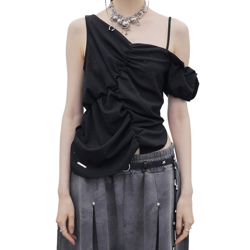 HOLY NUMBER 7（ホーリーナンバーセブン）の「ONE-SHOULDER SHIRRING BLOUSE_BLACK（Tops）」