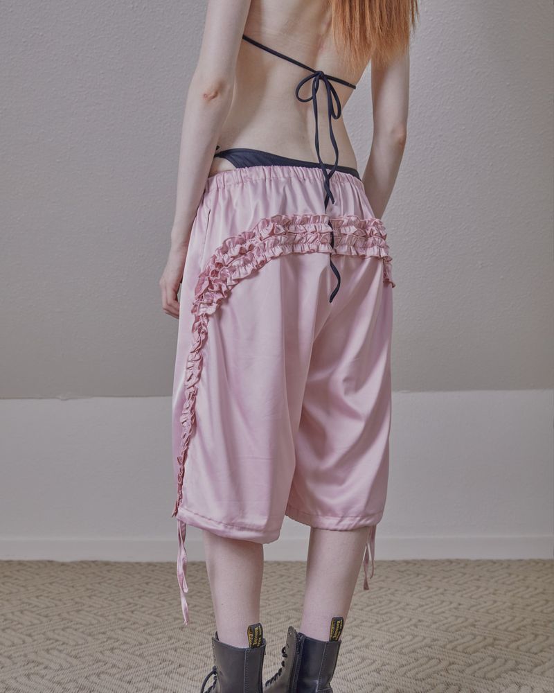 satin ruffle track pants / pink