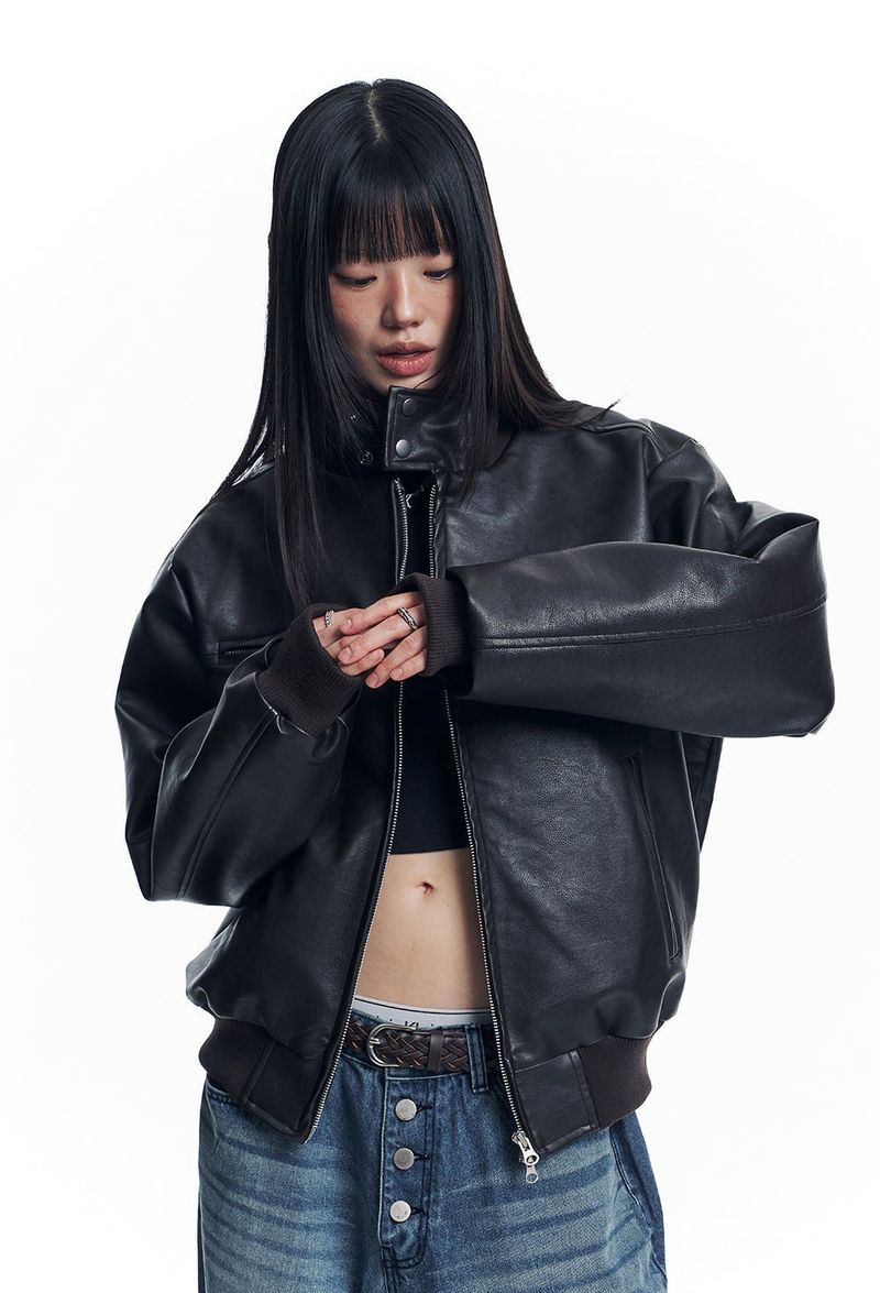 High Neck Leather Crop Jacket - Brown