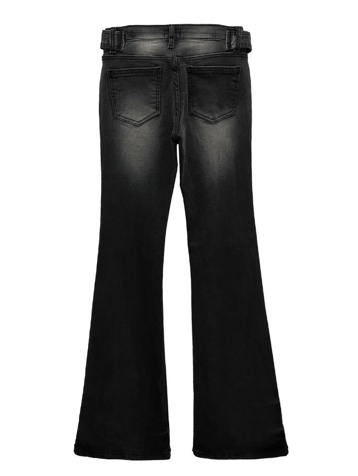 Belted washed bootcut black denim