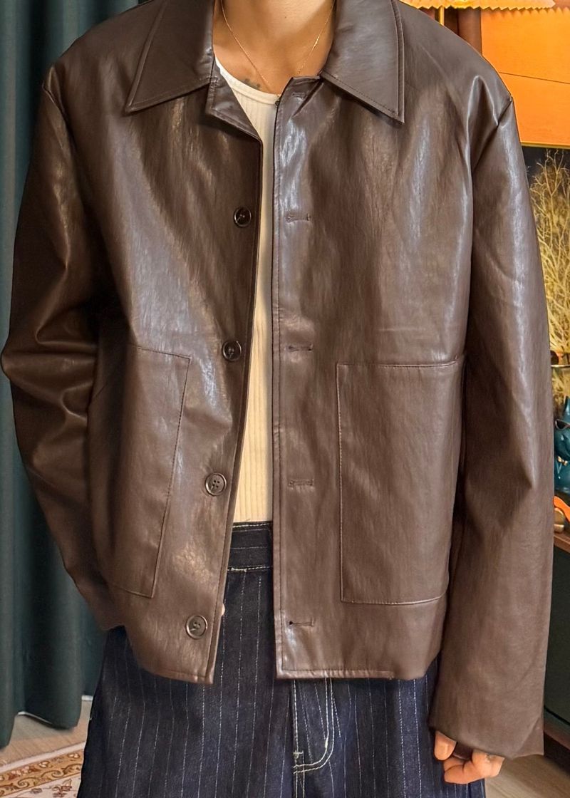 Leather Collar Button Jacket 3COLOR