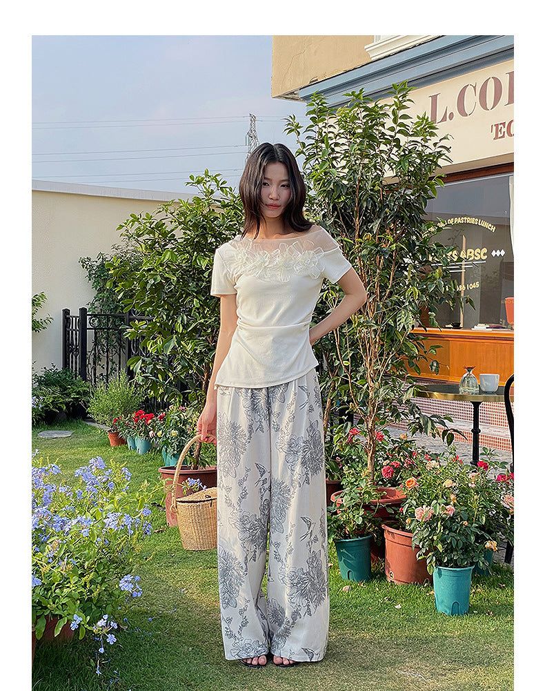 Asymmetrical Lace Trim Off-Shoulder Tee