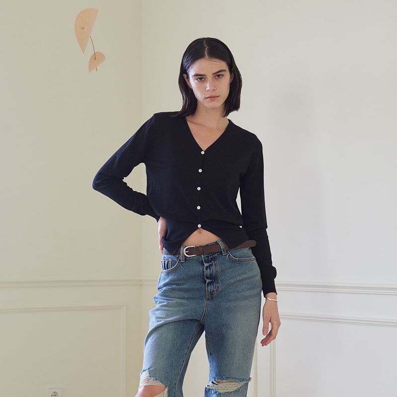 RIBBED HEM CARDIGAN (BLACK)