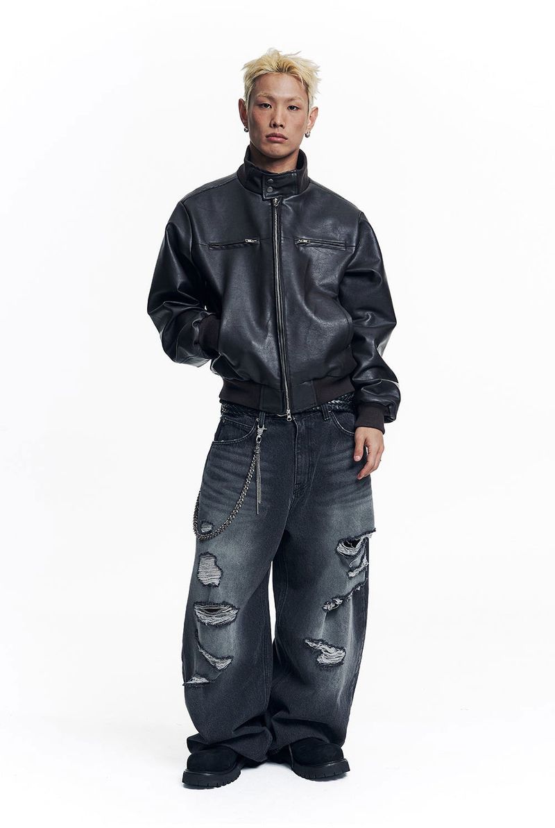 High Neck Leather Crop Jacket - Brown
