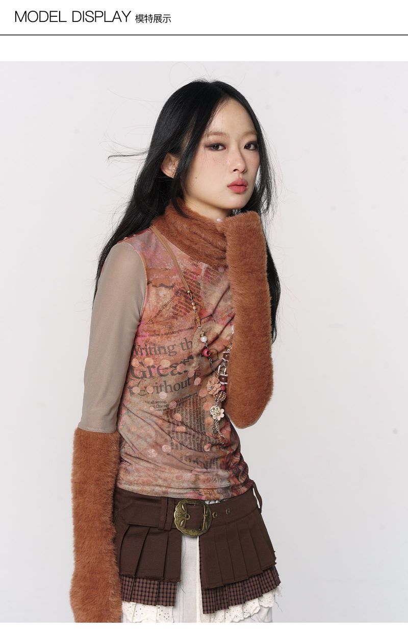 CONFUN original floral orange printed fur patchwork high-neck mesh base