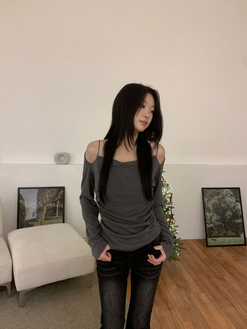 Jenn Muse Off-Shoulder Strap Drape Long Sleeve Top