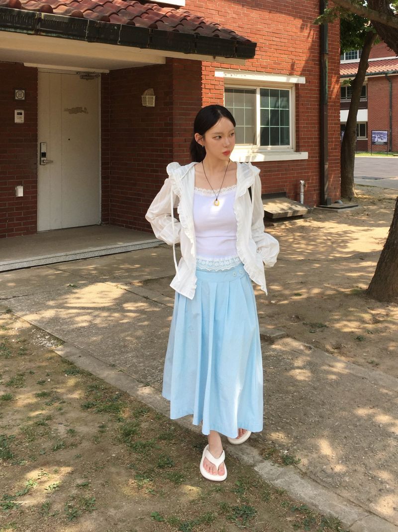 Button Minimal Pin-tuck Sagging Skirt (3c)