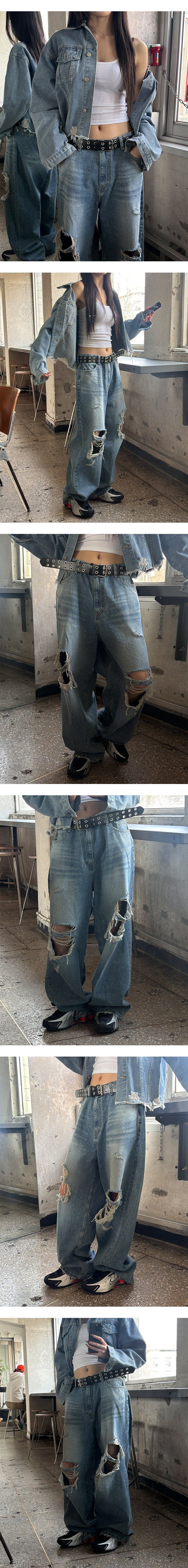  [Unisex] Knee destroyed wide denim pants