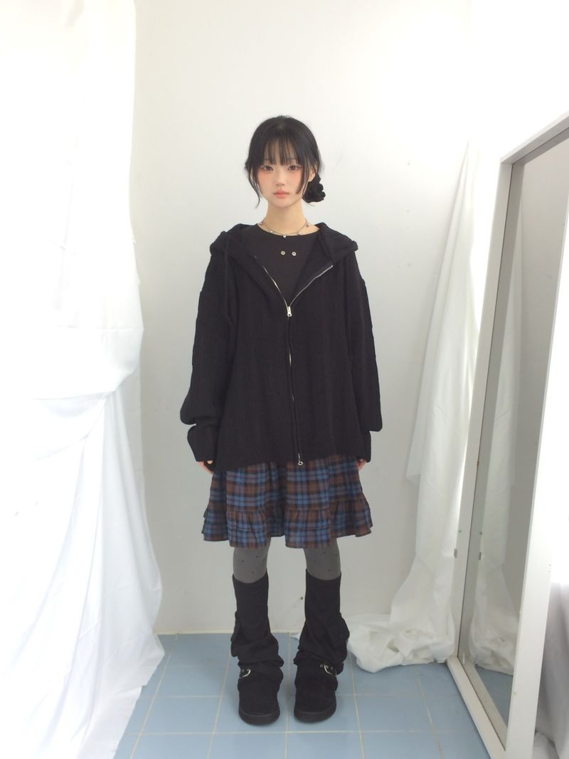 Punch Damage Hooded Knitwear Zip-Up