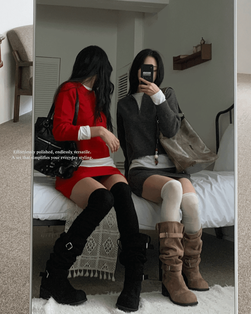 GUSTA（グスタ）の「シグナルジップハーフジップアップニット&ミニスカートツーピースセット (3 Colors)（セットアップ）」