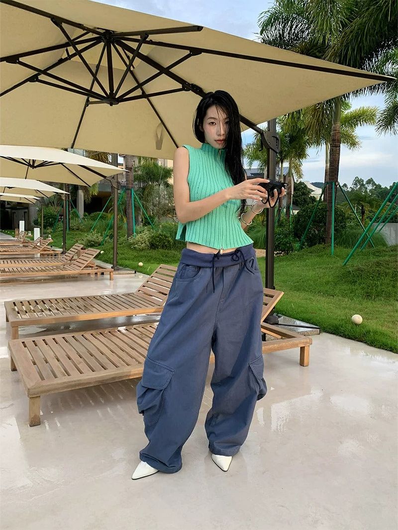 Khaki Cargo Wide Leg Straight Pants