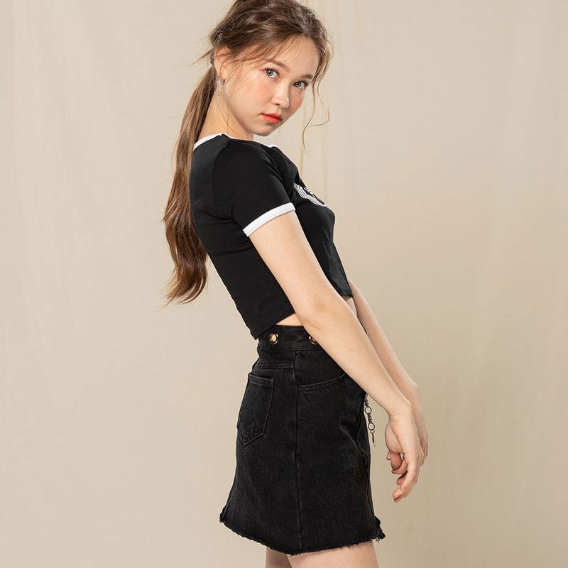 EYELET DENIM SKIRT (BLACK)