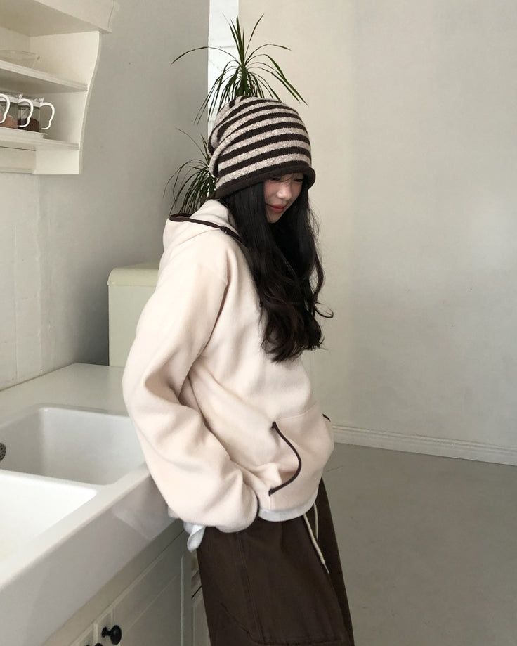 ストライプバックストラップウールビーニー