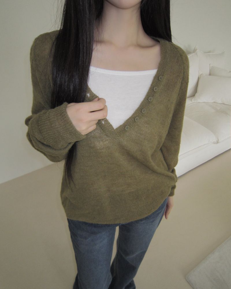 Diang Deep V-Neck Button Mohair Long-Sleeve Knit
