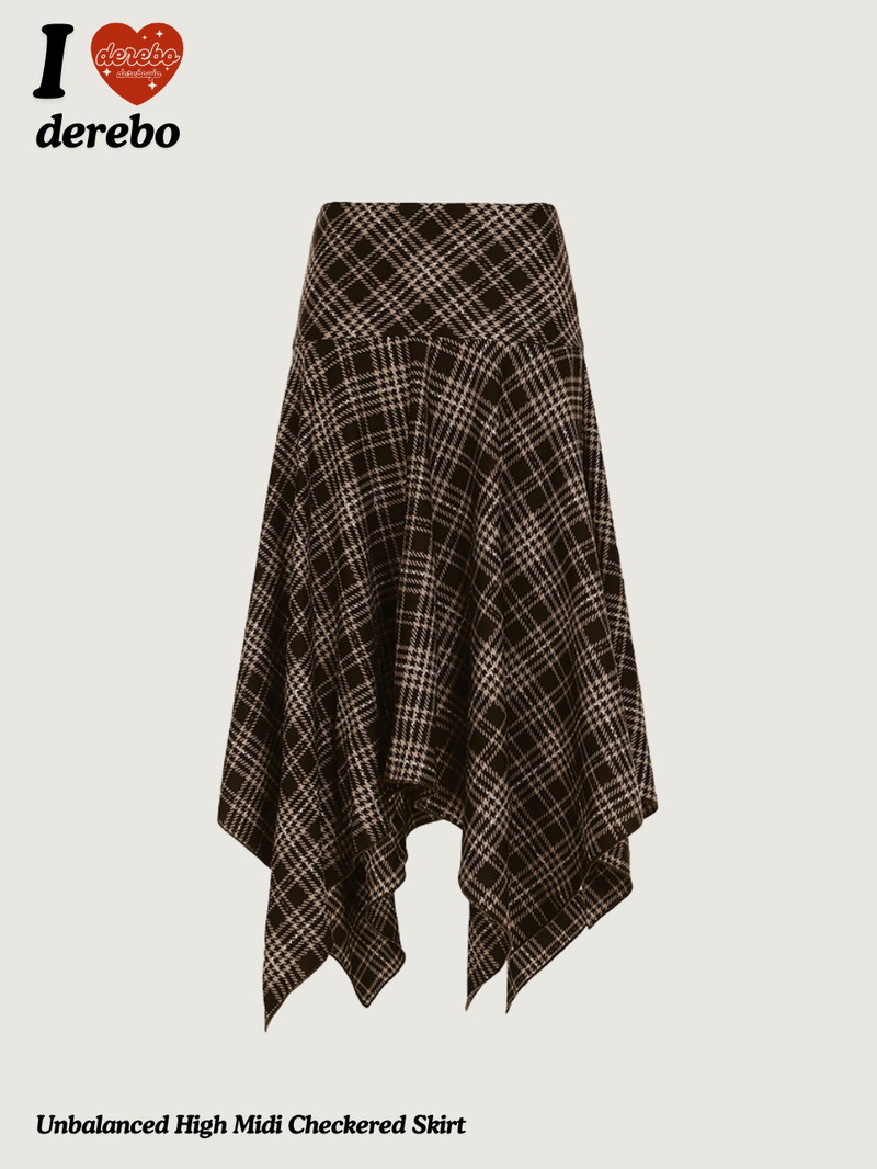 Unbalanced High Midi Checkered Skirt