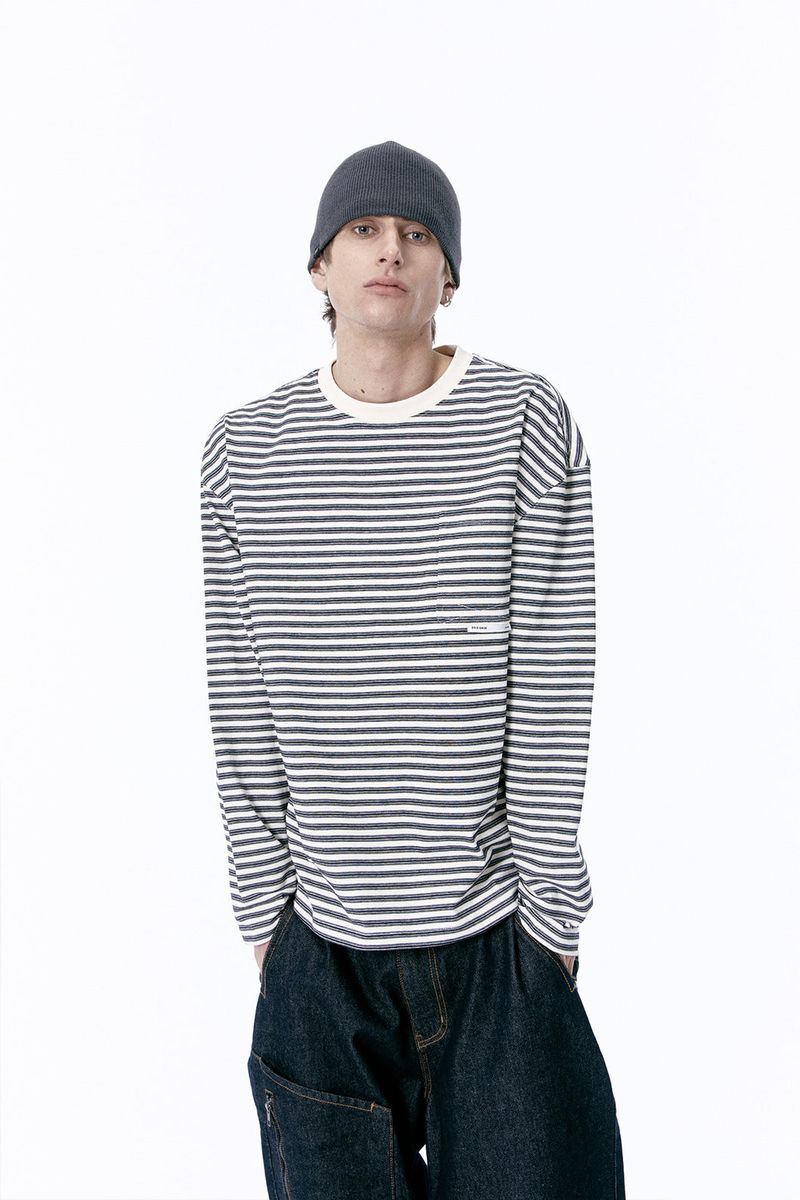 (BASE) STRIPE POCKET LONG SLEEVE (IVORY)
