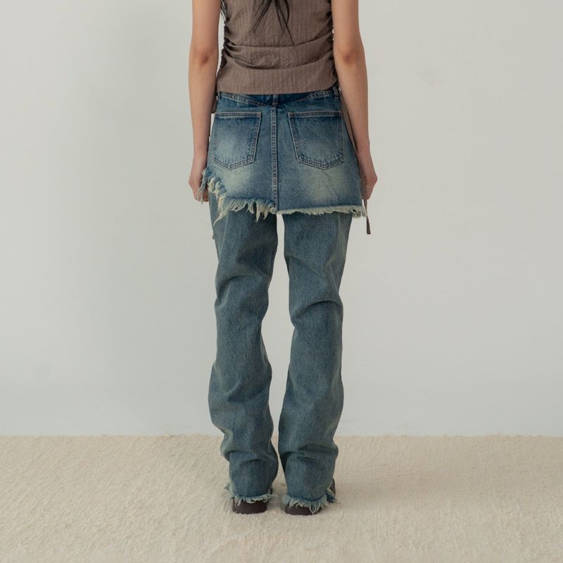 STUD DENIM SKIRT LAYERED PANTS (BLUE)