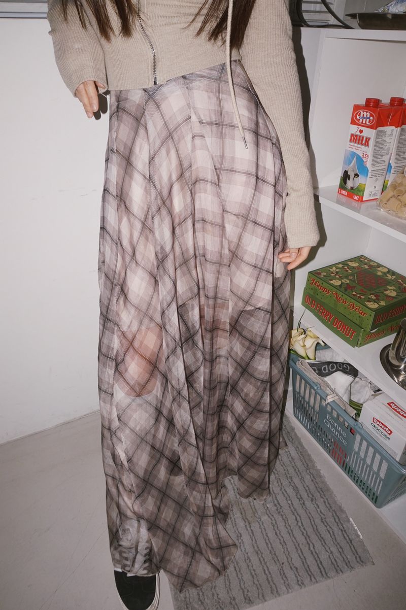 Long Check Chiffon Sharalla Skirt