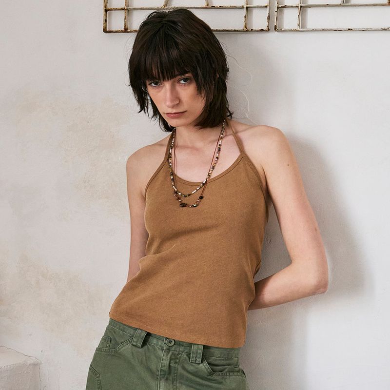Beads Pigment Halter Neck Sleeveless Brown