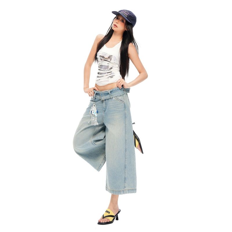 Vintage Light Wash Belted Wide Cropped Denim Pants