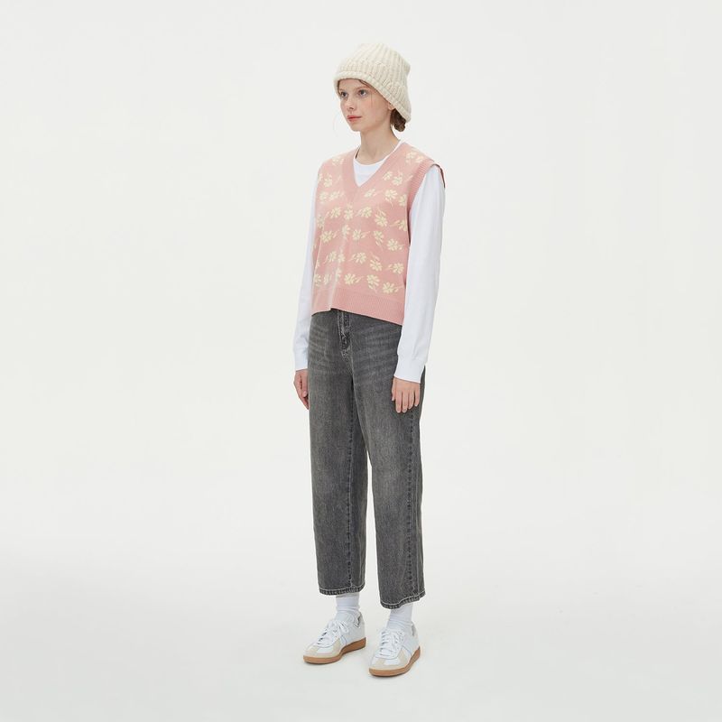 FLOWER JAQUARD KNIT VEST_PINK