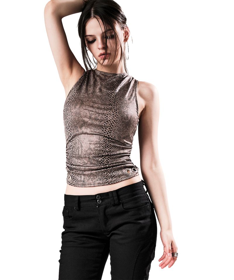 PYTHON SHIRRING SLEEVELESS TOP BEIGE