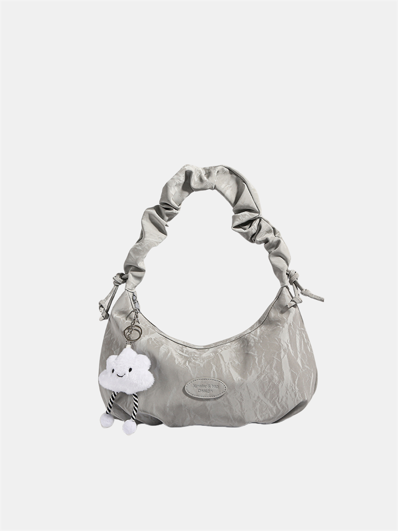 Cloud doll key ring bag denim washed leather wave pattern wrinkle strap zipper shoulder bag