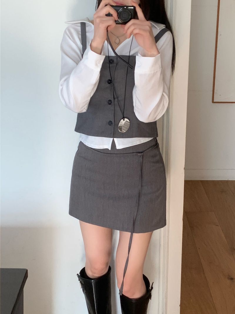 Slate Line Thin Belt Formal Mini Skirt