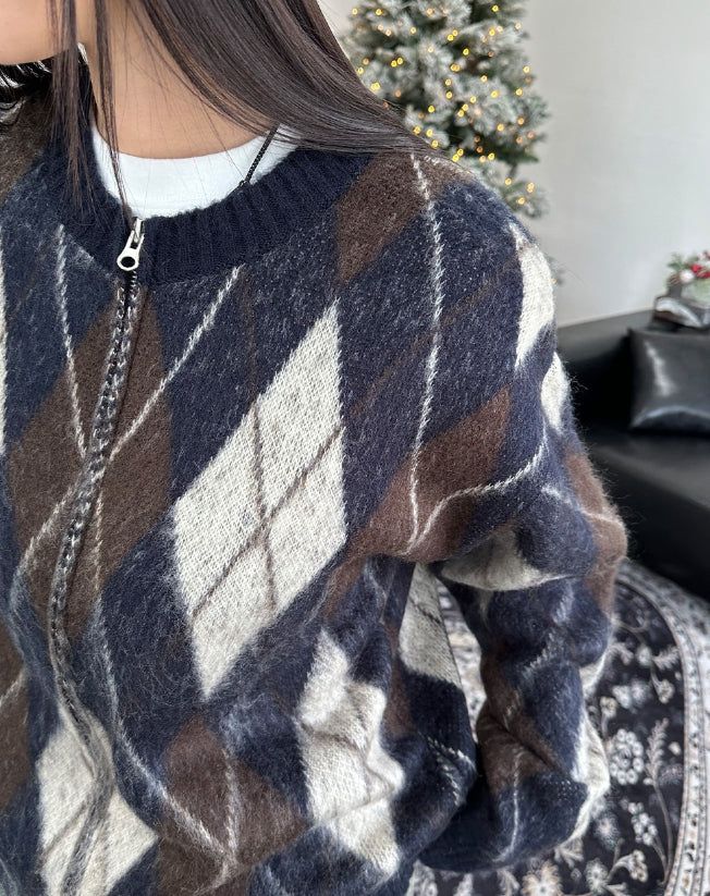 Ruel Argyle Mohair Knit Zip-Up