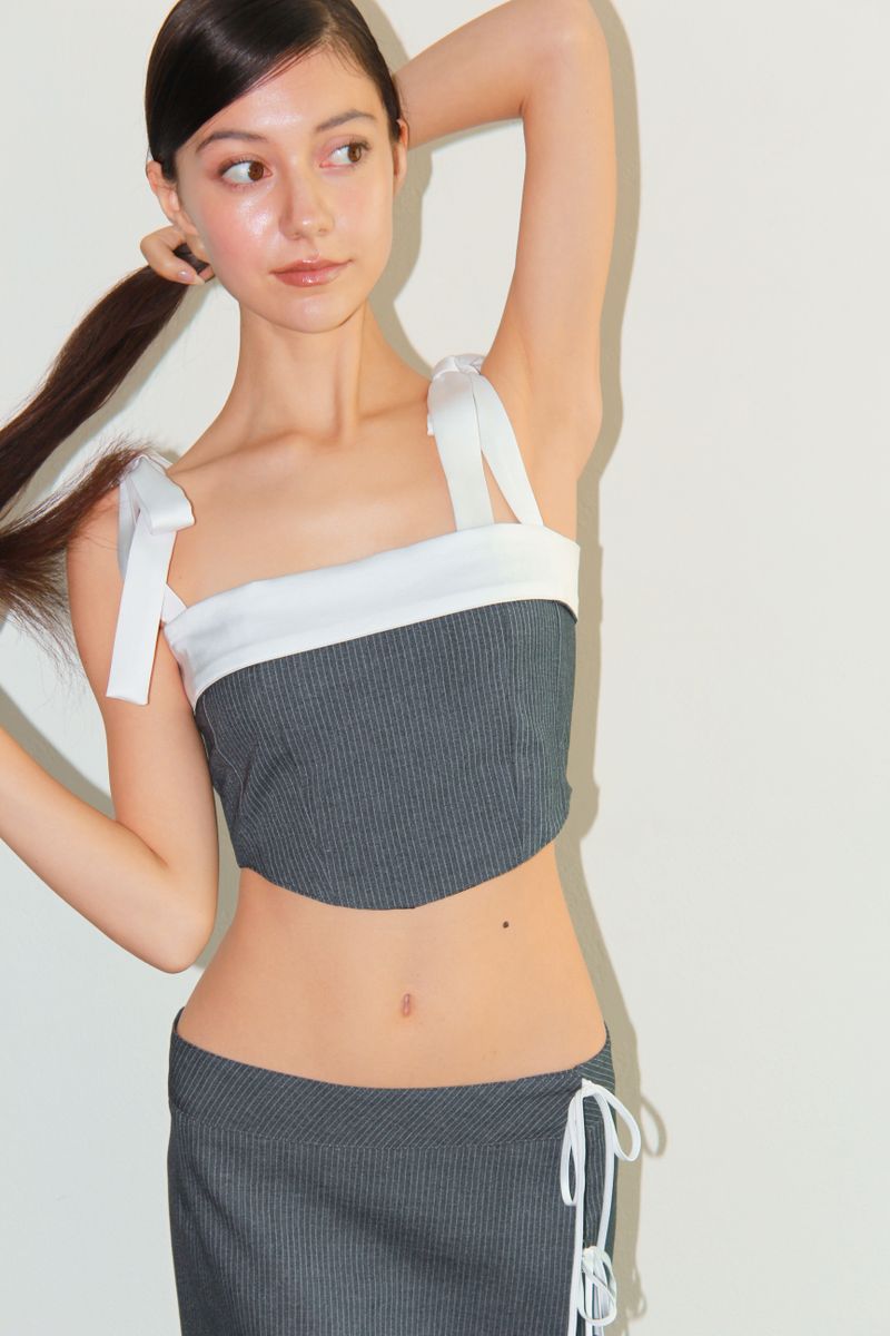 RIBBON PIN STRIPE CORSET TOP / GRAY
