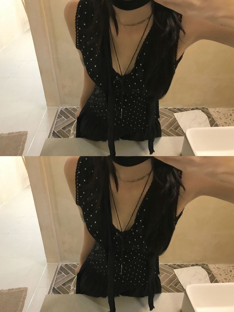 French Dot V-Neck Sleeveless Blouse