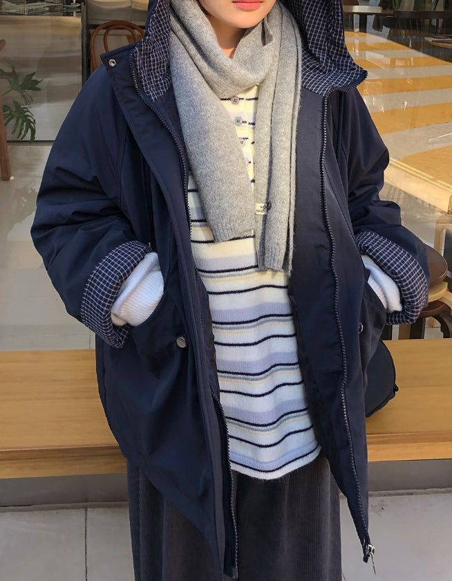 Pump Check Color Matching Hood Bomber Padding Jumper