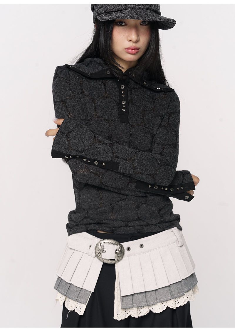 CONFUN Henry rivet patchwork lapel jacquard knitted slim top