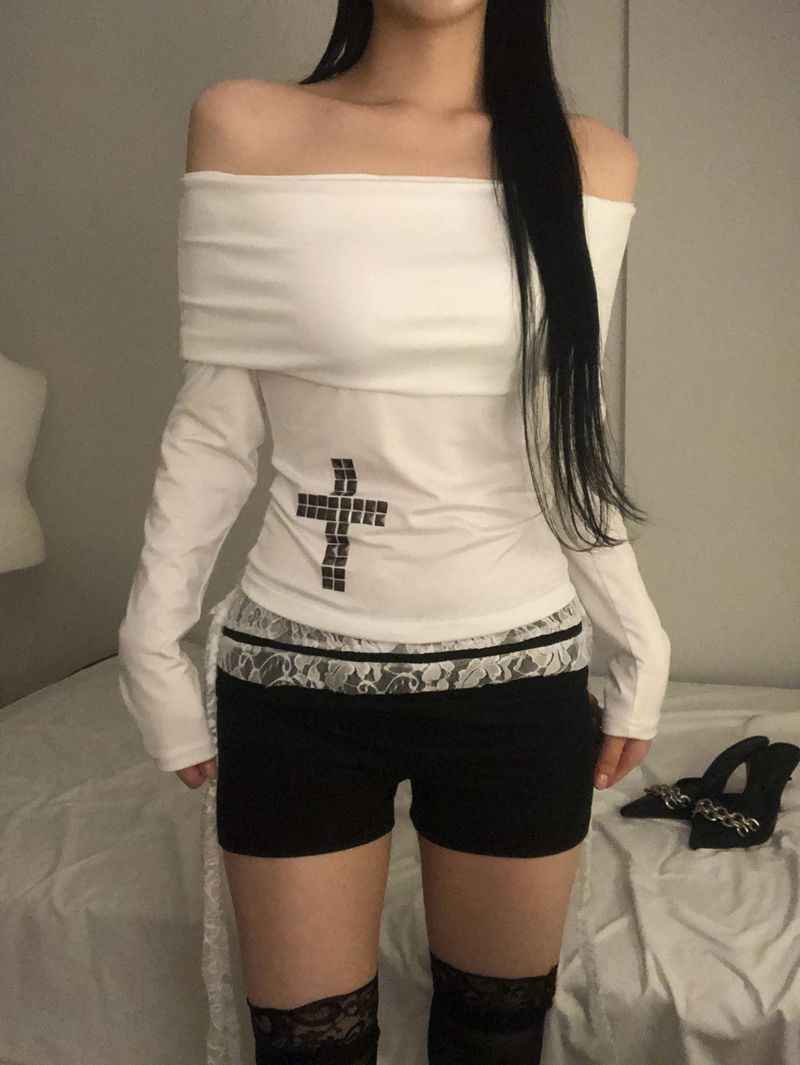 Crystal Stud Cross Off-Shoulder T