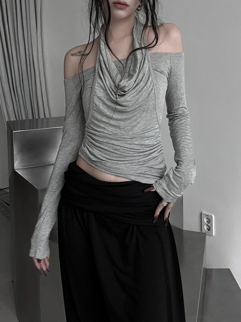 drape off-shoulder halter T (2color)