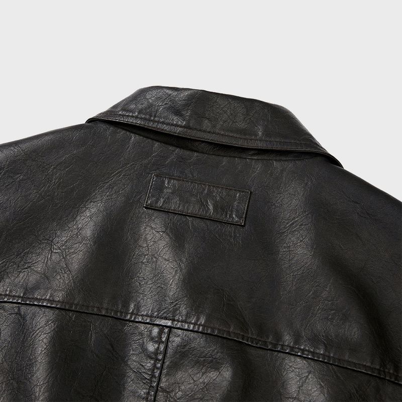 Washed Faux Leather Blouson (Dark Brown)