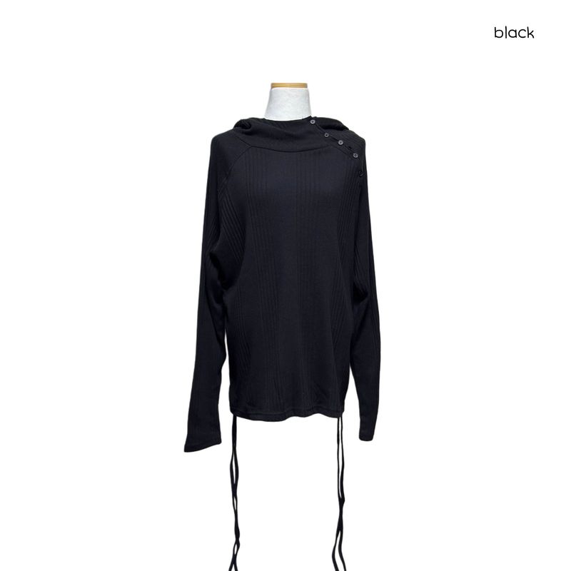 (3color) Shirring Diagonal Button Drape Hoodie Knit Tee