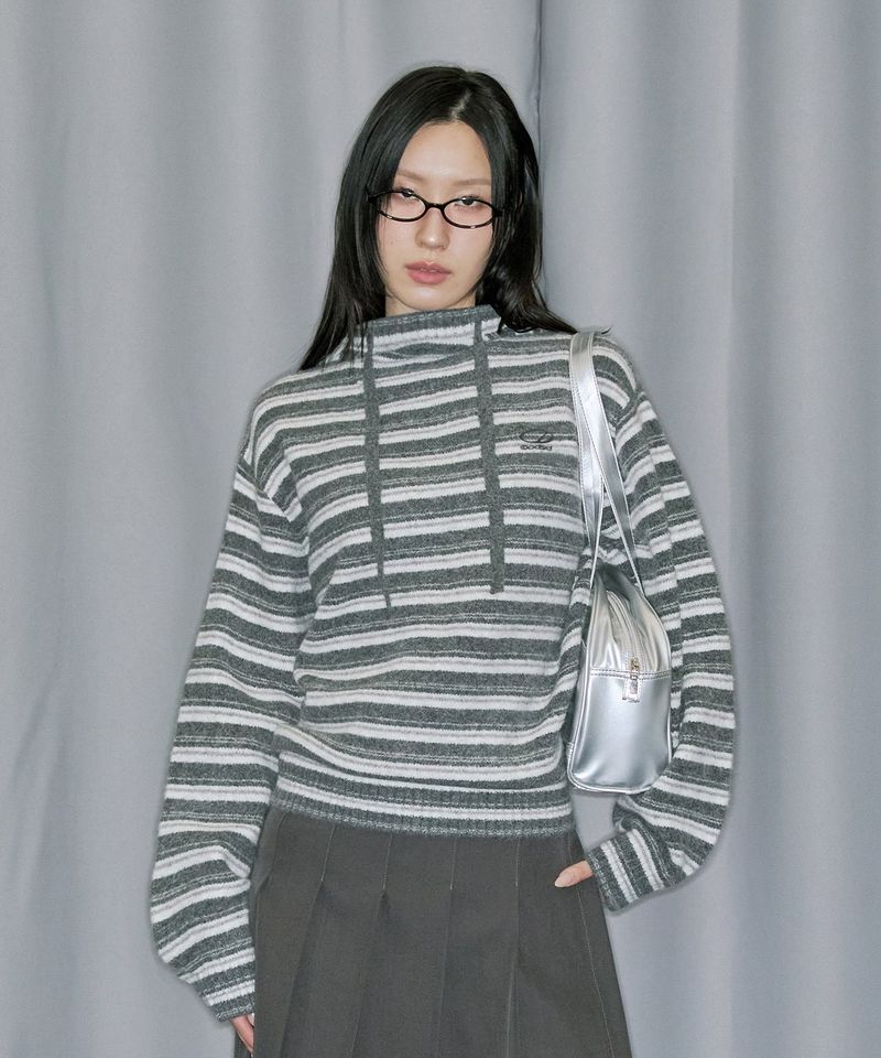ODDSTUDIO（オッドスタジオ）の「Stripe Turtleneck Balloonfit Hood Knit - GRAY（Tops）」