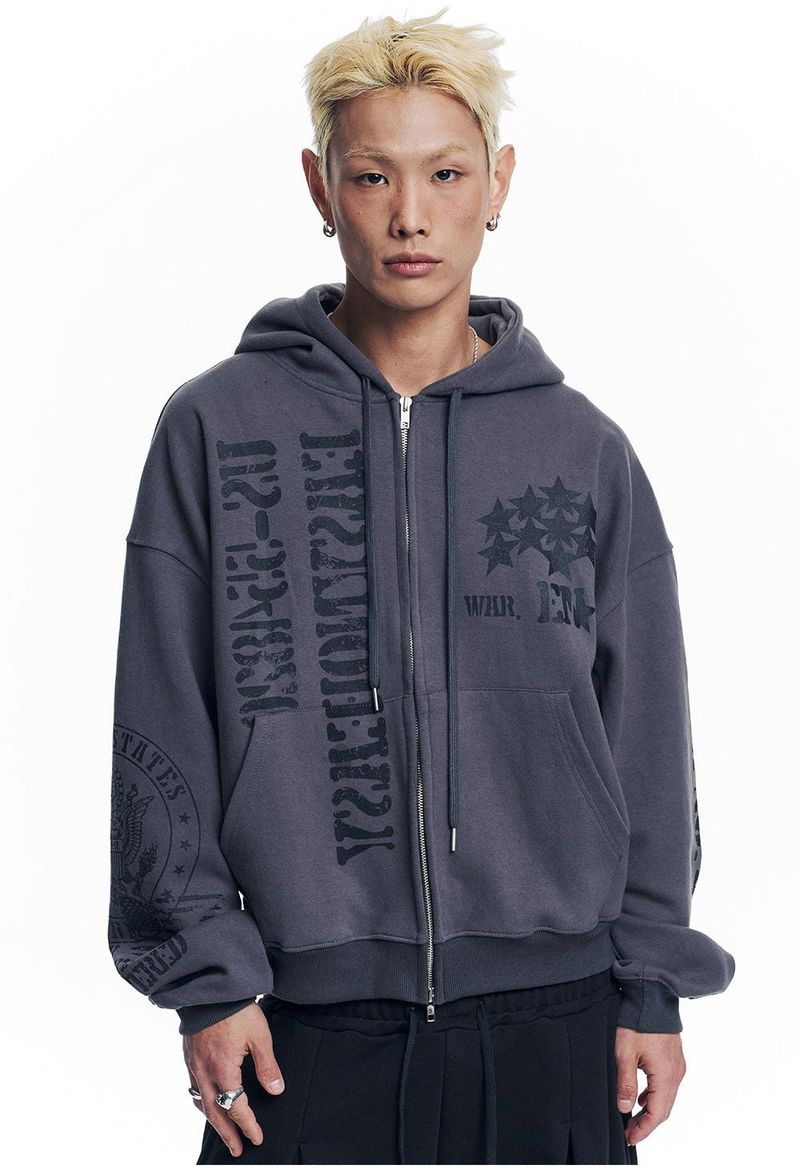 Marine Crack Print Hooded Zip-Up - Charcoal
