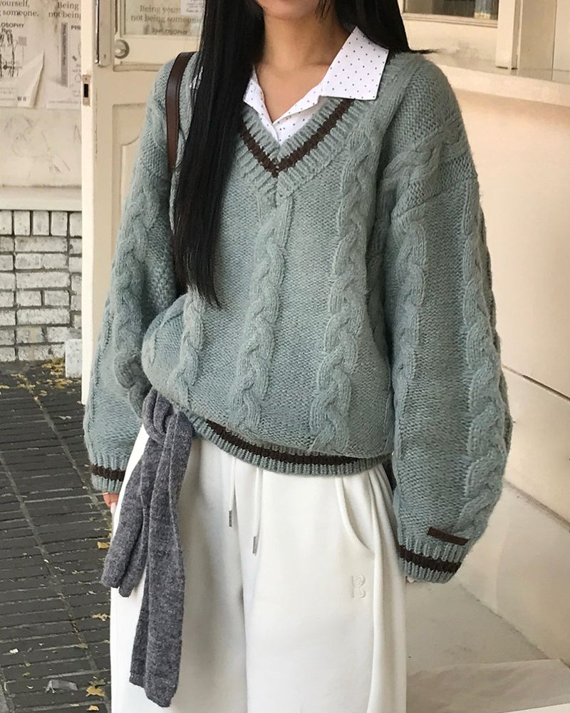 [ORIGINAL] バゲットケーブルオーバーサイズVネックニット