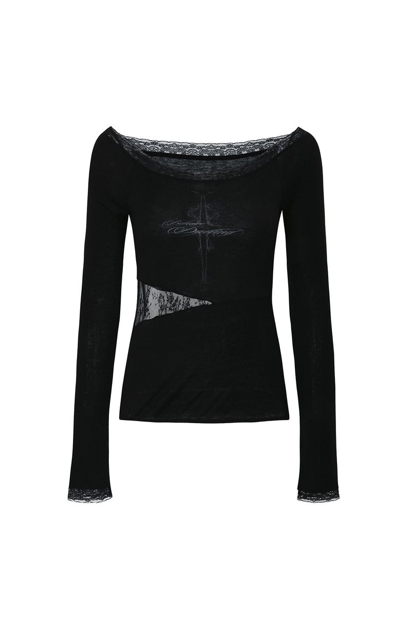 LACE BOATNECK TOP black