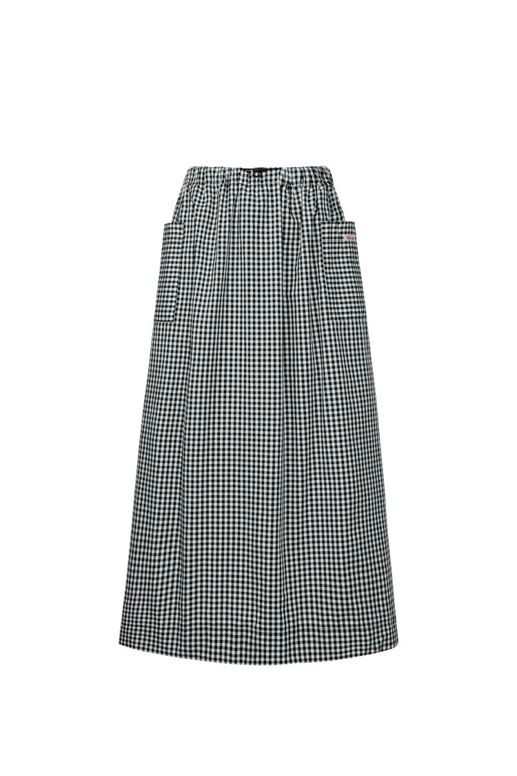 Gingham check pocket shirring Long skirt (BLACK)