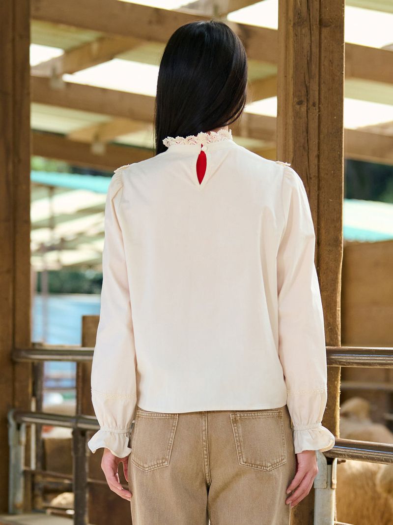 High-Neck Lace-Frill Blouse (Beige)