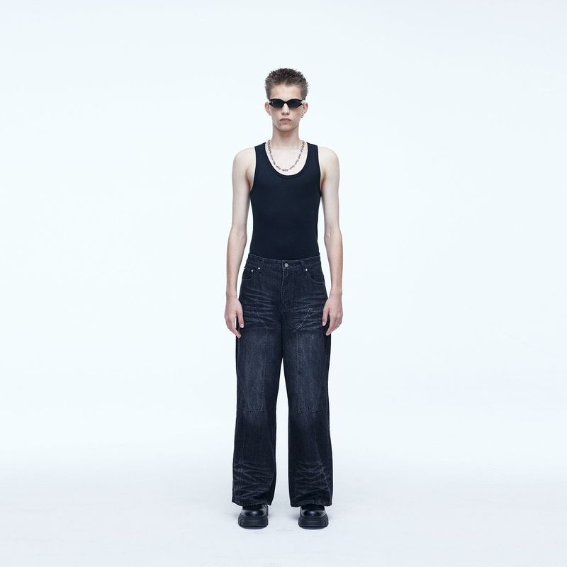 Double Knee Carpenter Wide Denim Pants Black